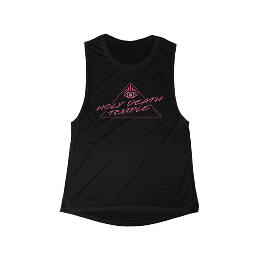 Holy Death Temple - My Eyes Are Up Here Pink Logo - Women's Flowy Scoop Muscle Tank