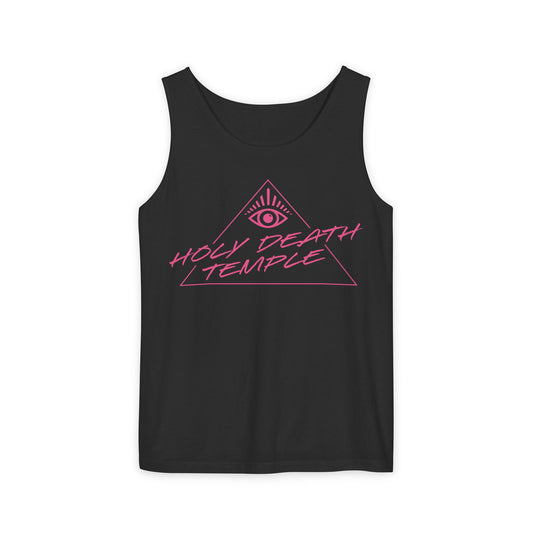 Holy Death Temple - My Eyes Are Up Here Pink Logo - Unisex Garment-Dyed Tank Top